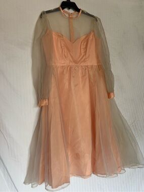 80’s Peach Organza Long-Sleeve Prom Party Dress